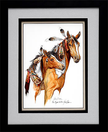 COPPER VERTICAL MARE AND COLT, FEATHER DRESSED 18x24.